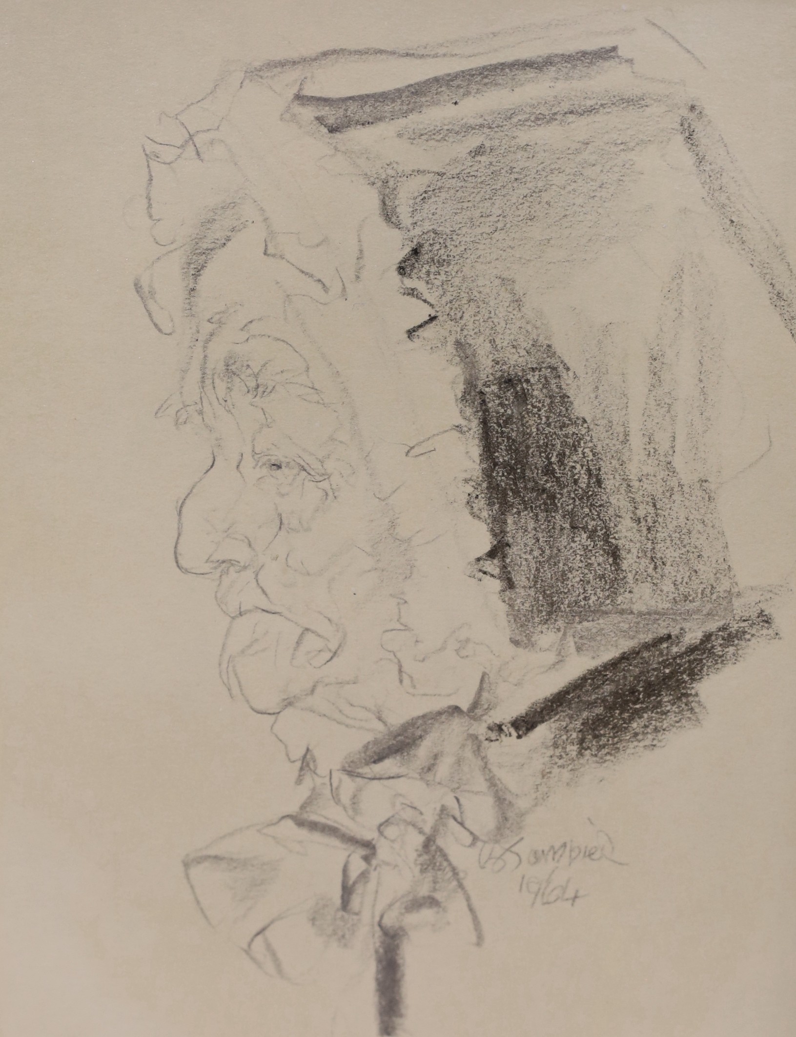 Edmund Blampied (1886-1966), pencil drawing, Head of an old woman, signed and dated 1964, 26 x 20cm and an etching of a woman by another hand